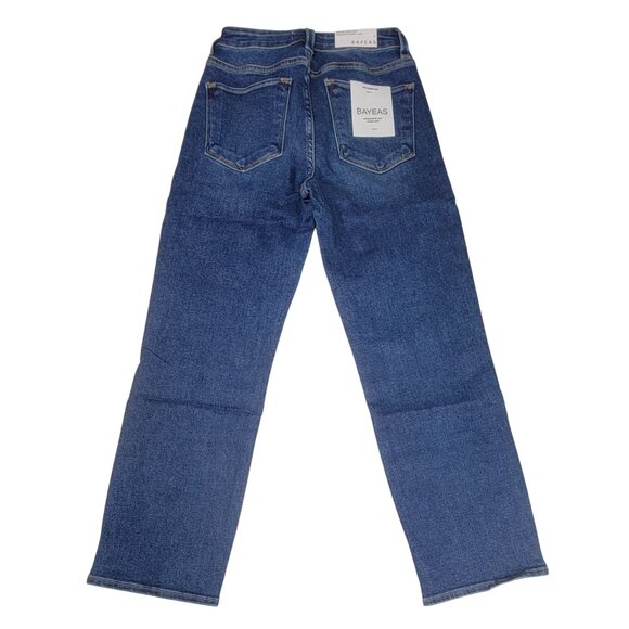 Bayeas Jeans Mid Rise Cross Over Button Straight Leg Denim Womens Size 27 NEW - Picture 2 of 11